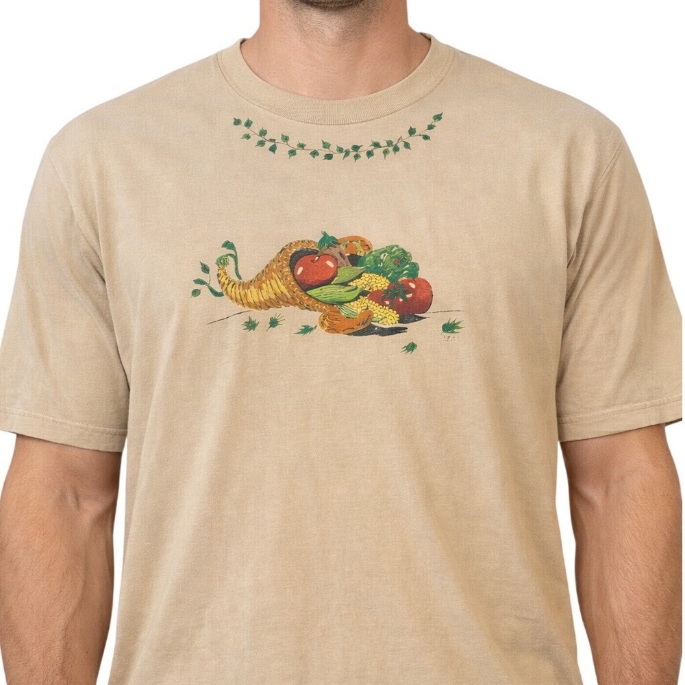 VTG‎ 90s Jerzees Shirt L Tan Cornucopia Graphic Made in USA Heritage Americana